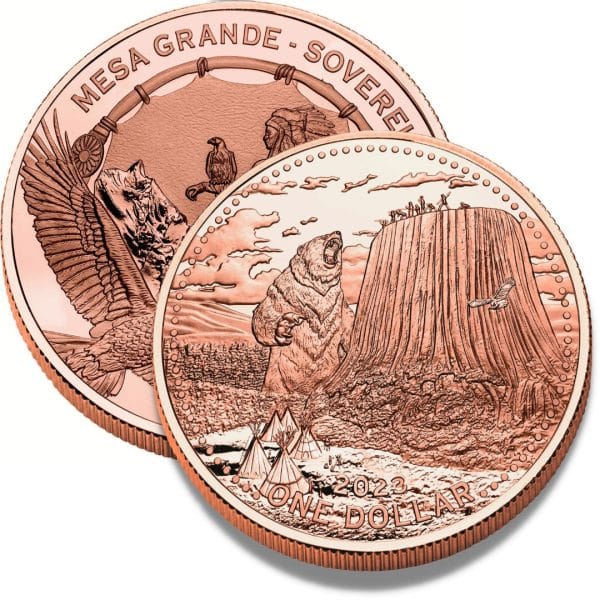 The new $1 dollar Devils Tower Ø 65mm 155.55g from Mesa Grande, 2022, Copper 999‰, weight 155.55g, Ø 65mm, thickness up to 5mm, Lustrous Uncirculated mintage of 1,500.