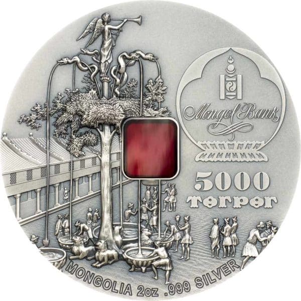 The intense Tiffany glass color in the center of the coin is a wonderful contrast to its antique finish.Karakorum, The City of Genghis Khan 5000 Togrog., Mongolia 2020, 2oz, .999 Silver, 50mm, Antique Finish, 800 pcs . worldwide Karakorum Genghis Khan , 2 oz, .999 Silver, 50mm, Antique Finish, Mongolia