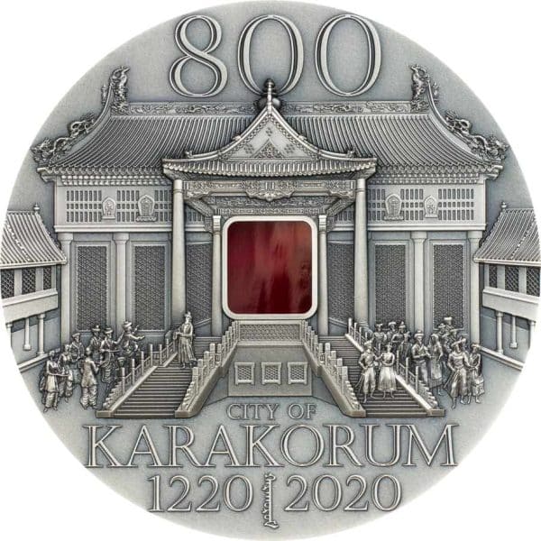 The intense Tiffany glass color in the center of the coin is a wonderful contrast to its antique finish.Karakorum, The City of Genghis Khan 5000 Togrog., Mongolia 2020, 2oz, .999 Silver, 50mm, Antique Finish, 800 pcs . worldwide Karakorum Genghis Khan , 2 oz, .999 Silver, 50mm, Antique Finish, Mongolia