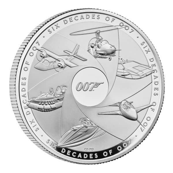 2 Pounds James Bond 1oz 60 yrs Silver 999 2024 in a flawless Proof finish, highlighting the intricate details of the design.In only 4,007 worldwide